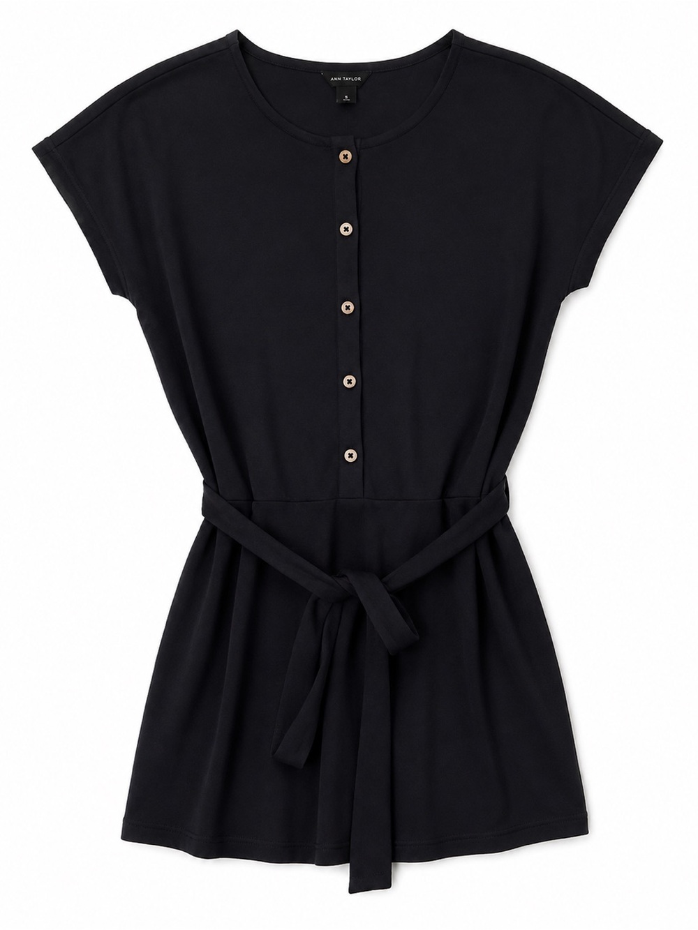 Ann Taylor XS Navy Tie Waist Blouse Short Sleeve Button Front Top